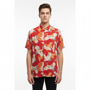 AllSaints Tsuru Bird Short Sleeve Slim Fit Button-Down Shirt - Small